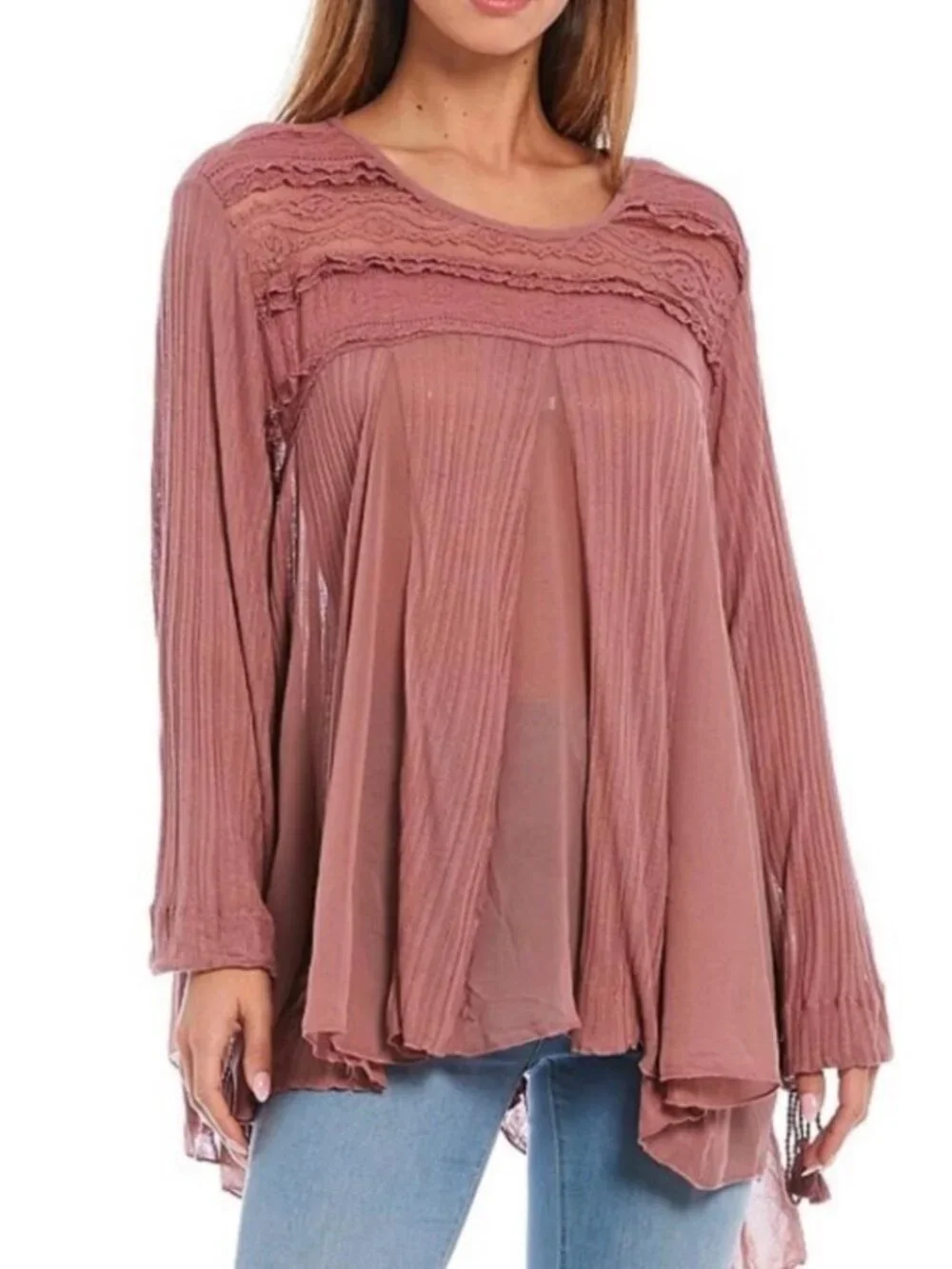Free People Oversized Boho Penny Lane Lace-Trim Flowy Blouse Sz XS Burnt Orange